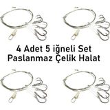 Valkyrie 5 Iğneli Paslanmaz Çelik Halatlı Dip Hırsız Olta Takımı 4'lü Set 10# Karbon Çelik - Çok Renkli