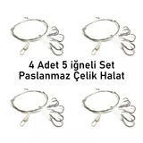 Valkyrie 5 İğneli Paslanmaz Çelik Halatlı Dip Hırsız Olta Takımı 4’Lü Set 10# Karbon Çelik İğne