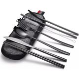 Valkyrie 8 Parça Çantalı Yolculuk Çatal Bıçak Kaşık Pipet Chopstick Seti Kamp Okul Ofis Tatil Paslanmaz Çelik Siyah