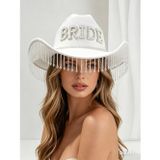 Valkyrie Bride Yazılı Beyaz Gelin Kovboy Şapkası Taşlı İncili Püsküllü Bekarlığa Veda Düğün Aksesuarı
