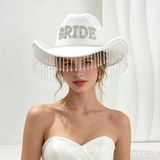 Valkyrie Bride Yazılı Taşlı Beyaz Kovboy Şapkası – Kristal Püsküllü Bekarlığa Veda, Düğün Ve Party Aksesuarı