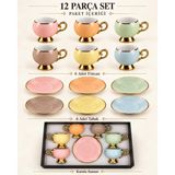 Valkyrie Pastelia Serisi 12 Parça 6 Kişilik Pastel Renkli Gold Ayaklı Türk Kahvesi Fincan Takımı - 90 ml