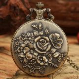 Valkyrie Zarif Kabartma Çiçek Desenli Vintage Bronz Cep Saati - Kolye Köstekli Retro Hediye