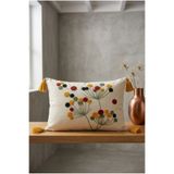 Valmia Home 35x55 cm Dikdörtgen Kırlent Kılıfı - Doğal Buldan Dokuma Karahindiba Nakışlı Püsküllü