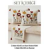 Valmia Home 3'lü Set Buldan İşi Pamuklu Punch Nakışlı Kırlent Kılıfı ve Runner Seti - Bohem Çiçekli