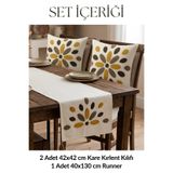 Valmia Home 3'lü Set Buldan İşi Pamuklu Punch Nakışlı Kırlent Kılıfı ve Runner Seti - Damla Desenli Bohem