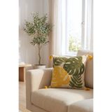 Valmia Home Dekoratif Punch Nakışlı Püsküllü Kırlent Kılıfı 42x42 cm - Yeşil Hardal Yaprak Desenli Bohem Yastık