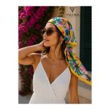 Valora Trend Tropikal Desenli Saten Fular 72x72 cm – Meyve ve Palmiye Desenli Kare Fular, Kadın Boyun Fuları, Saç Fuları, Çanta Aksesuarı