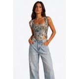 Valoria Stil Vintage Silver Mavi Brokar Kumaş, Vücudu Şekillendiren Balen, Ayarlanabilen Saten Kurdele, Askılı Büstiyer Korse Bluz