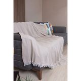Valoroso Tekstil Pamuklu Zikzak Desenli Püsküllü Koltuk Örtüsü 170X210 cm | Dekoratif ve Çok Amaçlı - 170 x 210 cm - Bej