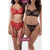 Valunor Duo Set Kırmızı Jartiyer ve Siyah Fantazi Seksi Iç Çamaşır Takımı 2’li Set - SET3 - Kırmızı - Siyah - 75B