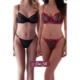 Valunor Duo Set Mesh Siyah ve Fuşya Fantazi Iç Giyim Takımı Dantelli Bralet Tanga 2'li Set Iç Giyim - SET4 - Siyah - Pembe - 80B