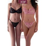 Valunor Duo Set Mesh Siyah ve Pembe Floral Kalp Desenli Fantazi Iç Giyim Takımı Dantelli Bralet Tanga 2'li Set Iç Giyim - SET4 - Siyah - Pembe - 75B