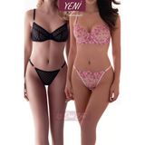 Valunor Duo Set Mesh Siyah ve Pembe Floral Kalp Desenli Fantazi Iç Giyim Takımı Dantelli Bralet Tanga 2'li Set Iç Giyim - SET4 - Siyah - Pembe - 80B