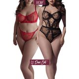 Valunor Duo Set Plus Size Kalpli Kırmızı Sütyen Tanga ve Transparan Dantelli Siyah Bodysuit - SET3 - Siyah - Kırmızı - 100C