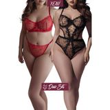 Valunor Duo Set Plus Size Kalpli Kırmızı Sütyen Tanga ve Transparan Dantelli Siyah Bodysuit - SET3 - Siyah - Kırmızı - 90C