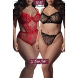 Valunor Duo Set Plus Size Kalpli Kırmızı Transparan Bodysuit ve Siyah Glam Sütyen Tanga 2'li Set - SET2 - Kırmızı - Siyah - 95C