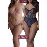 Valunor Duo Set Plus Size Lacivert Dantelli Bodysuit ve Pembe Çiçekli Sütyen Tanga 2'li Set - SET1 - Lacivert - Pembe - 90C