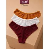 Valunor Lace Set Bordo Beyaz Turuncu Dantelli Brazilian Kadın İç Giyim Tanga Külot 3'lü Set - Beyaz - Hardal - Bordo - 2XL