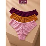 Valunor Lace Set Brazilian Stil Dantelli Kadın İç Giyim Lace Tanga Külot 3'lü Set - Pembe - Hardal - Mor - S - M