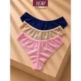 Valunor Lace Set Pembe Lacivert Brazilian Stil Dantelli Kadın İç Giyim Lace Tanga Külot 3'lü Set - Bej - Lacivert - Pembe - 2XL
