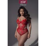 Valunor Love Kırmızı Plus Size Büyük Beden C Cup Kalp Desenli Balenli Bodysuit - Kırmızı - Pembe - 90C