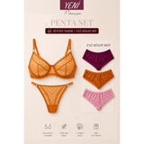 Valunor Penta Set 1 Mesh Hardal Sarı Sütyen Takım ve Brazilian Dantelli Pembe 3’lü Külot Set Fantezi Kadın Iç Çamaşırı Takımı - Hardal Sarısı - 90B