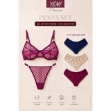 Valunor Penta Set 2 Mesh Mor Sütyen Takım ve Brazilian Dantelli Mor 3’lü Külot Set Fantezi Kadın Iç Çamaşırı Takımı 5’li - Mor - Bej - 85B