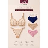 Valunor Penta Set 3 Mesh Bej Krem Ten Rengi Sütyen Takım ve Brazilian Dantelli Ten Rengi 3’lü Külot Set Fantezi Kadın Iç Çamaşırı Takımı 5’li - Bej - Bej - 80B