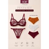 Valunor Penta Set 4 Glam Bordo Sütyen Takım ve Brazilian Dantelli Beyaz 3’lü Külot Fantezi Iç Çamaşırı Takımı 5’li - Bordo - Bordo - 75B