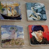 Van Gogh Claude Monet ve Saksafon Çalan Adam Doğal Taş Bardak Altlığı 4'lü set - Natural Stone Coasters
