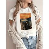 Van Gogh Kedi Yağlı Boya Baskı T-Shirts - Beyaz - XL