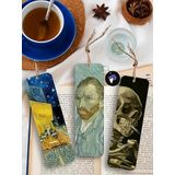 Van Gogh Metal Kitap Ayracı Seti - Üçlü Sanatsal Tasarım - Kafe Teras, Otoportre, Kafatası - Kitap Severler ve Sanatseverler İçin Hediye
