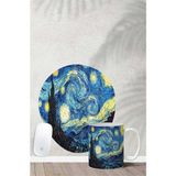 Van Gogh Yıldızlı Geceler Desenli Bilek Destekli Mouse Pad Kupa Seti - Renkli