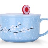 VanEnjoy 850 ml Kapaklı ve Kulplu Seramik Kase Seti, Kar Tanesi Deseni Arasında Kiraz Çiçekleri, Anında Erişte Sara için Mikrodalga, Müsli Kasesi (Mavi)