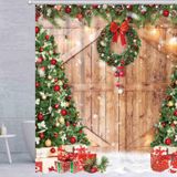 VanillaBay Noel Rustik Çiftlik Evi Duş Perdesi, Noel Kış Ahşap Ahır Kapısı Banyo Küvetleri Dekoru için Duş Perdesi, 182 x 182 cm 12 Kancalı Banyo Perdesi