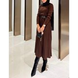 Vaniza Standart Beden Çizgili Uzun Kollu Elbise - 0-Kahverengi