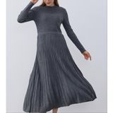 Vaniza Standart Beden Çizgili Uzun Kollu Elbise - 00407 Gri