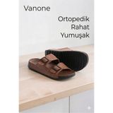 VANONE Rahat Erkek Deri (SUNİ) Ortopedik Yumuşak Taban Dikişli Şık Ev Dışarı Erkek Terlik