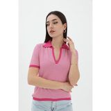 Vapur Ince Çizgili Polo Yaka Triko Kazak - Fuşya - Standart