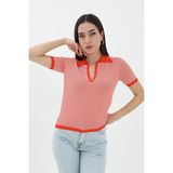 Vapur Ince Çizgili Polo Yaka Triko Kazak - Turuncu - Standart