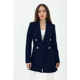 VAPUR TEKSTİL Omuzları Vatkalı Önü Çıtçıtlı Atlas Kumaş Kadın Blazer Ceket - Lacivert