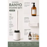 Varbifırsat Modern Banyo Seti 3'lü | Yapışkanlı Banyo Rafı, Cam Sabunluk ve Tuvalet Fırçası