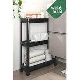 Varbifırsat Slim 3 Katlı Tekerlekli Raf Ünitesi Siyah, Banyo Rafı, Mutfak Rafı, Servis Sehpası, Organizer