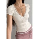 vardardressing Kadın Ekru Kaşkorse Dantel Detaylı V Yaka Kısa Kollu Bluz Slim Fit Via Luna Rosess VL150