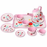VARDEM 15 Parça Çiçek Desenli Metal Çay Seti, Çocuklar İçin Tepsili Evcilik ve Çay Saati Oyun Seti 3+ Yaş ATF-998A-998B (PEMBE)