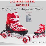 Vardem 2+2 Işıklı Metal Gövdeli Profesyonel Ve Alıştırma Kırmızı Kız Erkek Çocuk Pateni