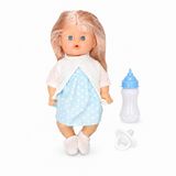 VARDEM 30 cm Sesli Emzikli ve Biberonlu Boncuk Bebek, Altını Islatan Oyuncak Bebek, Biberon Aksesuarlı Konuşan Bebek, Çocuklar İçin Evcilik ve Bakım Oyuncağı LD9706K-G (MAVİ BENEKLİ)