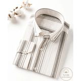 Varetta Erkek Beyaz Gömlek Keten Efekt Uzun Kollu Çizgili %100 Pamuk Geniş Kesim - Haki - Bej
