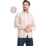 Varetta Erkek Beyaz Taba Çizgili Cepsiz Keten Efektli Geniş Kesim Uzun Kollu Gömlek - Beyaz - Taba - XL